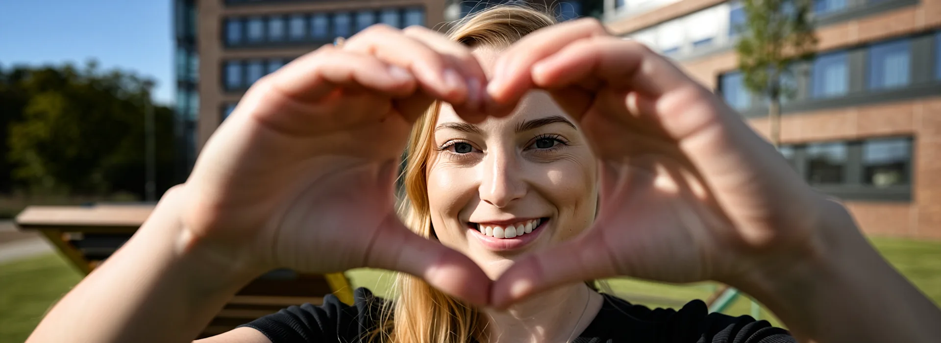 Rebecca im Garten der NEW Verwaltung Eine junge Frau mit blonden Haaren und schwarzem Shirt formt lächelnd mit ihren Händen ein Herz vor der Kamera. Im Hintergrund sind moderne Bürogebäude mit roter Klinkerfassade, grüne Bäume und eine sonnige Rasenfläche zu sehen.