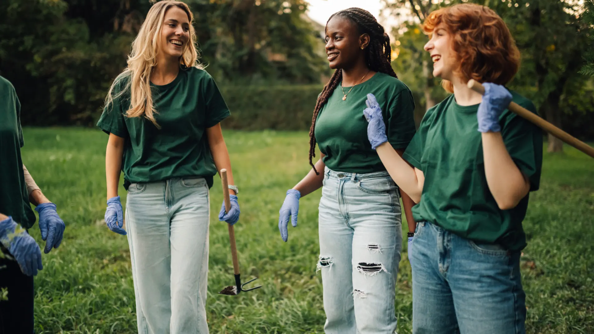 Freiwilligendienst in Europa: Reisen mit Sinn und Engagement Das Bild zeigt drei junge Frauen auf einer Grünfläche, die an einer Freiwilligenarbeit oder einem Umweltprojekt teilnehmen. Alle tragen einheitliche grüne T-Shirts und hellblaue Jeans sowie blaue Arbeitshandschuhe. Die Frauen lächeln im Gespräch miteinander.