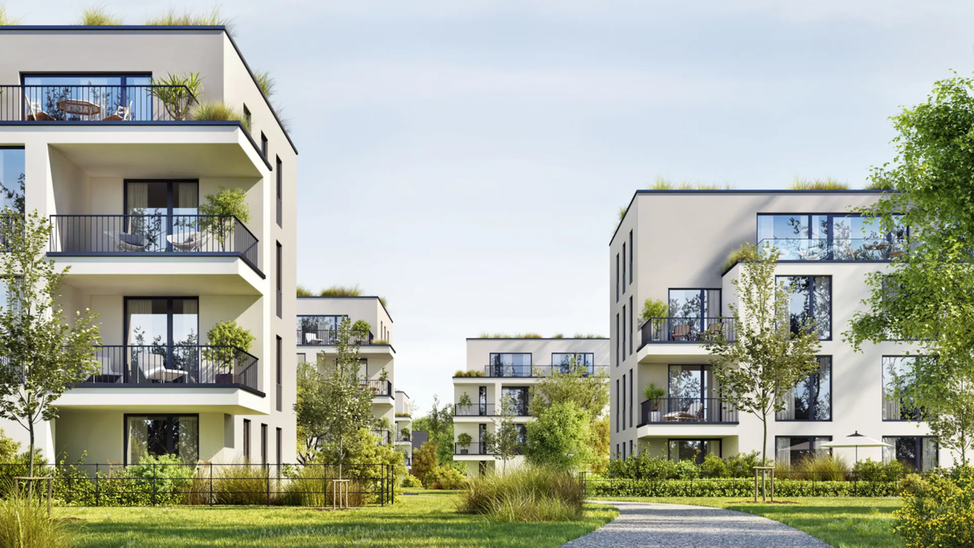 Smart City GmbH - Unser Zuhause, unsere Zukunft. Moderne Wohnanlage mit mehrstöckigen Gebäuden in zeitgenössischer Architektur. Die hellen Fassaden mit großen Fenstern und Balkonen fügen sich harmonisch in eine grüne Parklandschaft ein.